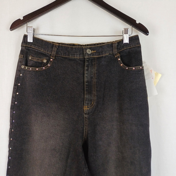 Quacker Factory Rhinestone Side Seam Distressed Look Jeans Black Large A 2729 - Picture 2 of 7